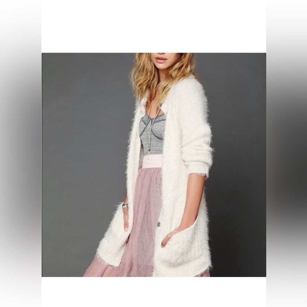 Free People Cozy Fuzzy Long Cream Cardigan